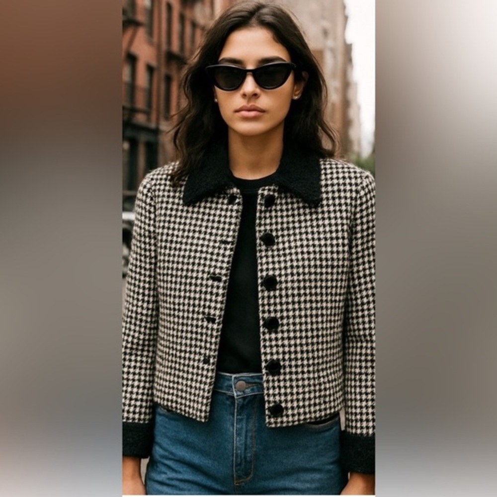 Circa 1990 Vintage Herringbone Tailored jacket with faux Shearling cuff, collar